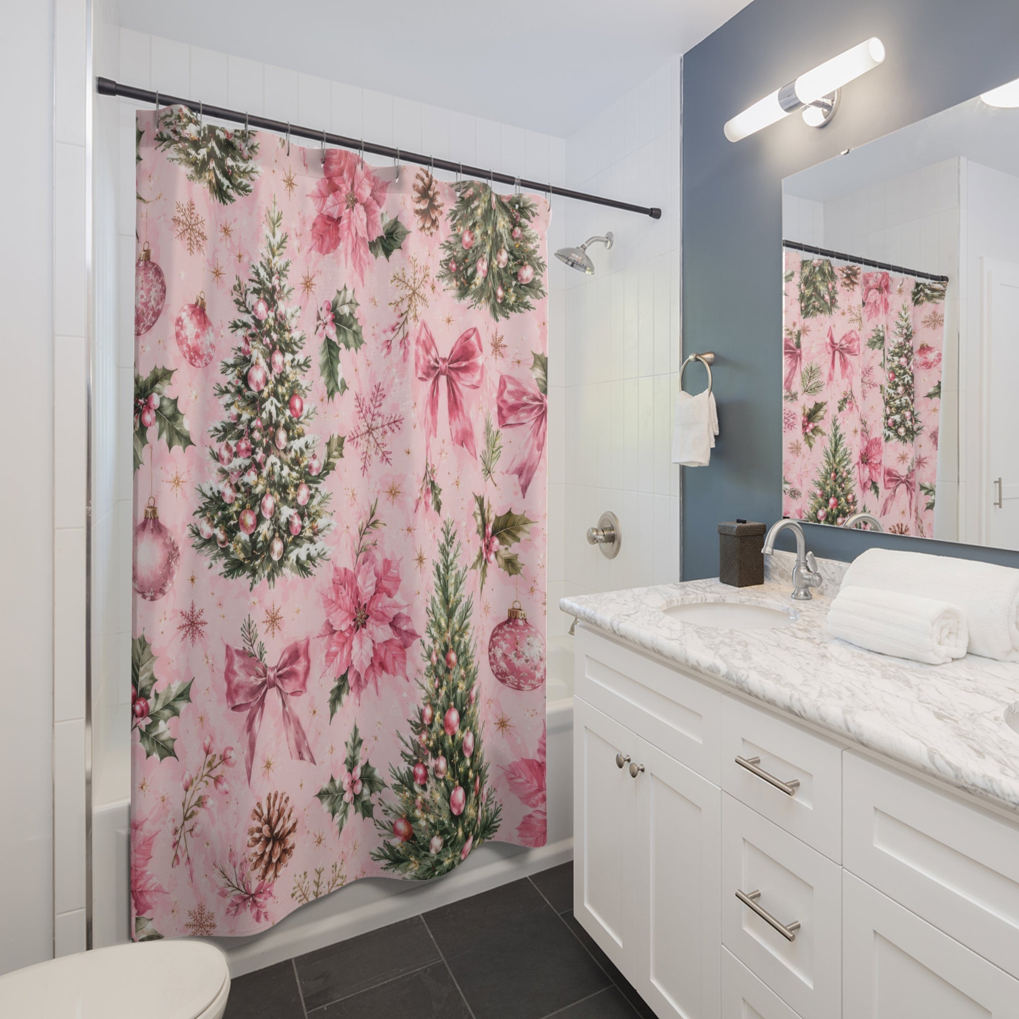 Christmas Shower Curtain: Pink Holiday Floral