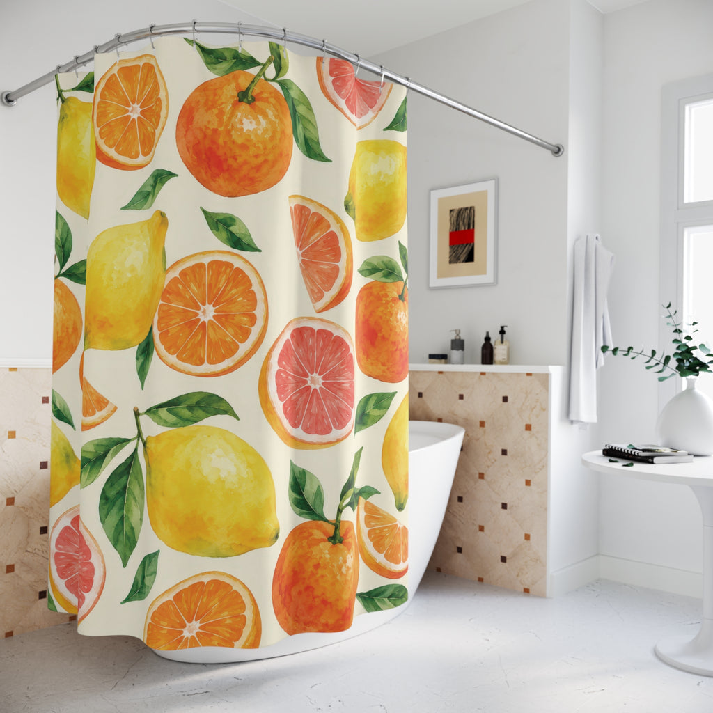 Yellow lemons, oranges and pink citrus slices with green leaves shower curtain beside a freestanding tub