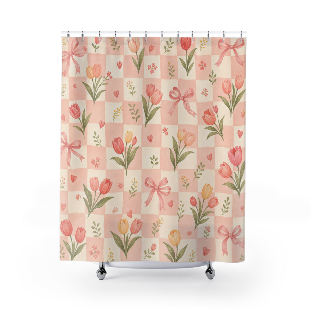 Cute Bow Checker Pink Shower Curtain