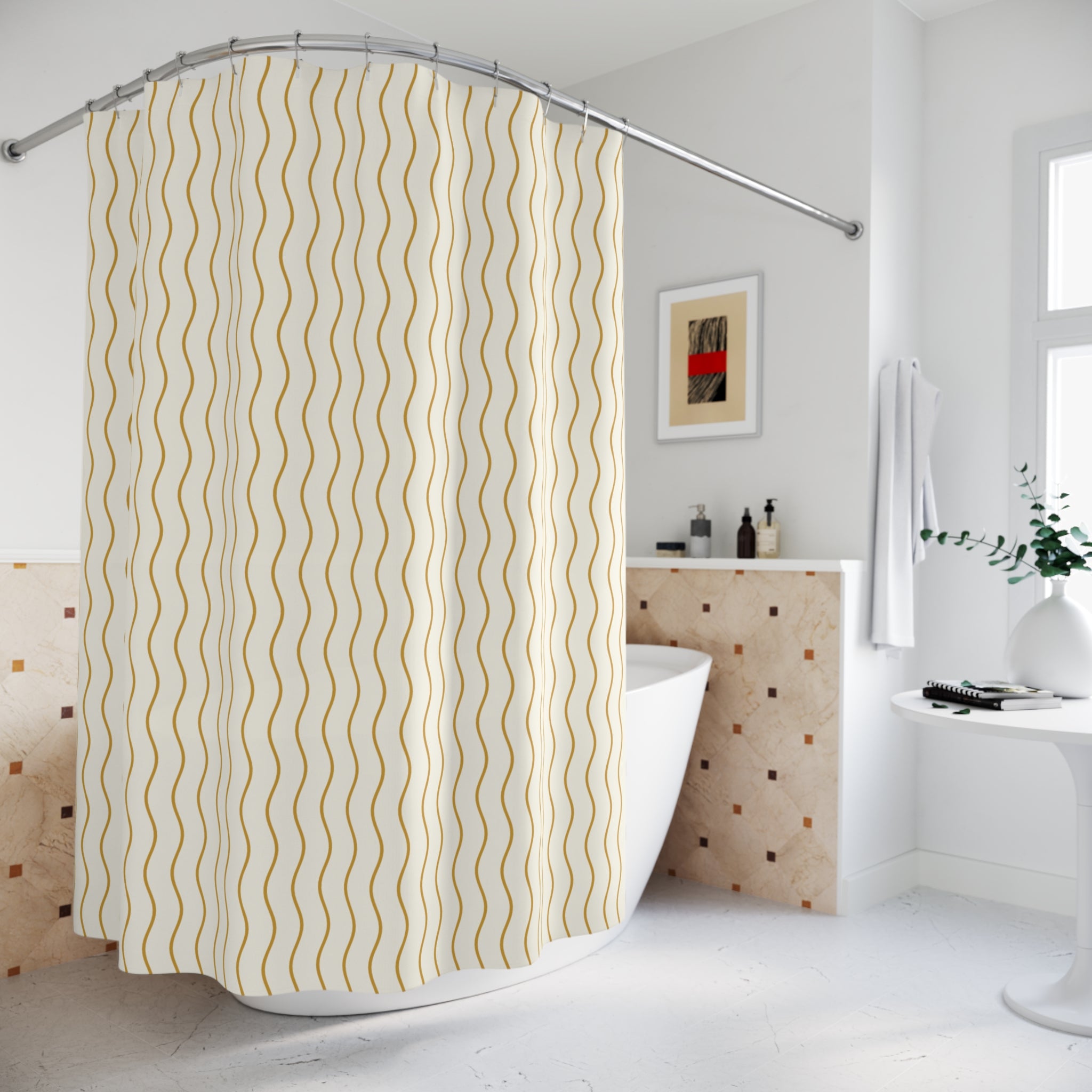 Yellow and White Wavy Stripe Shower Curtain