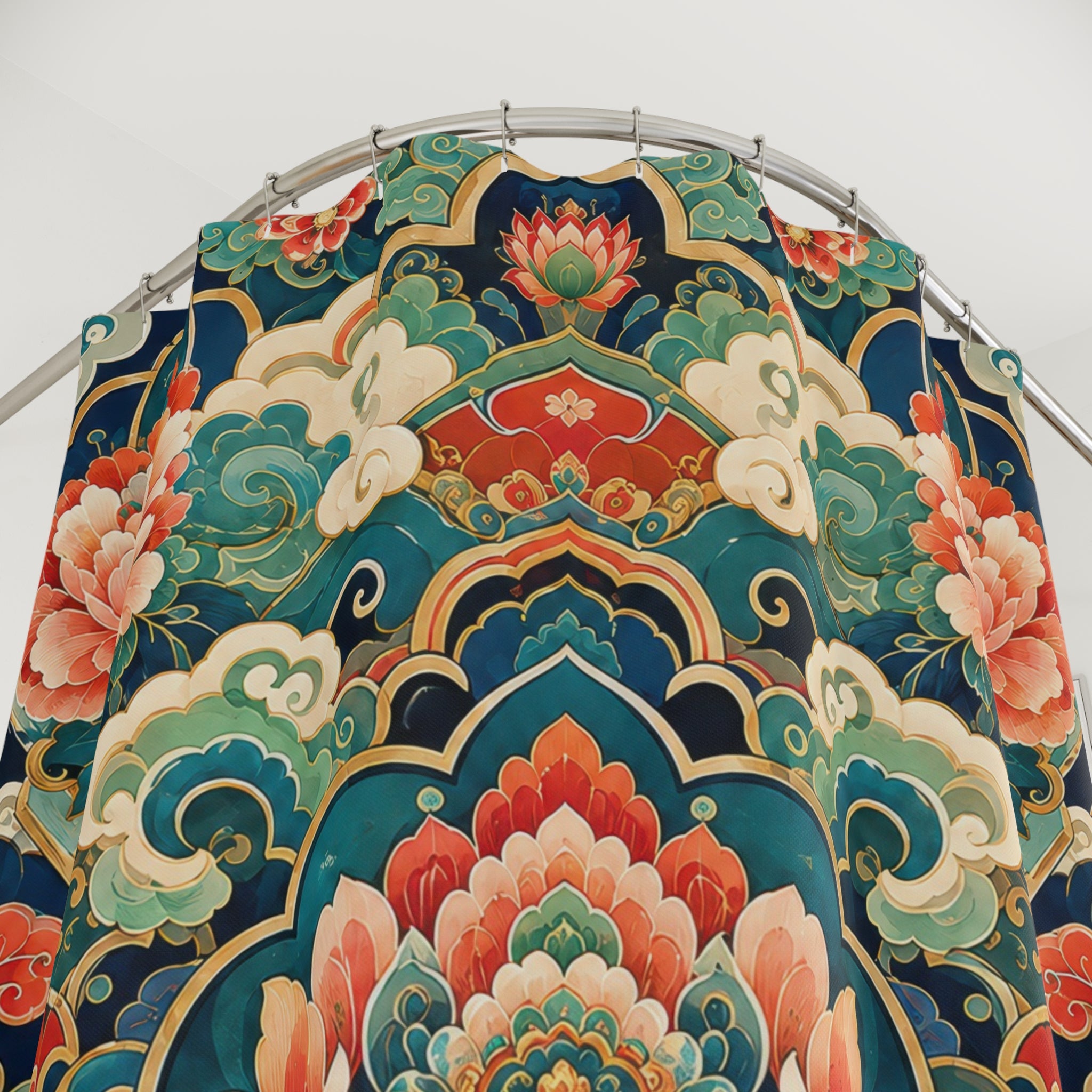 Korean Floral Shower Curtain: Teal Green Lotus Mandala