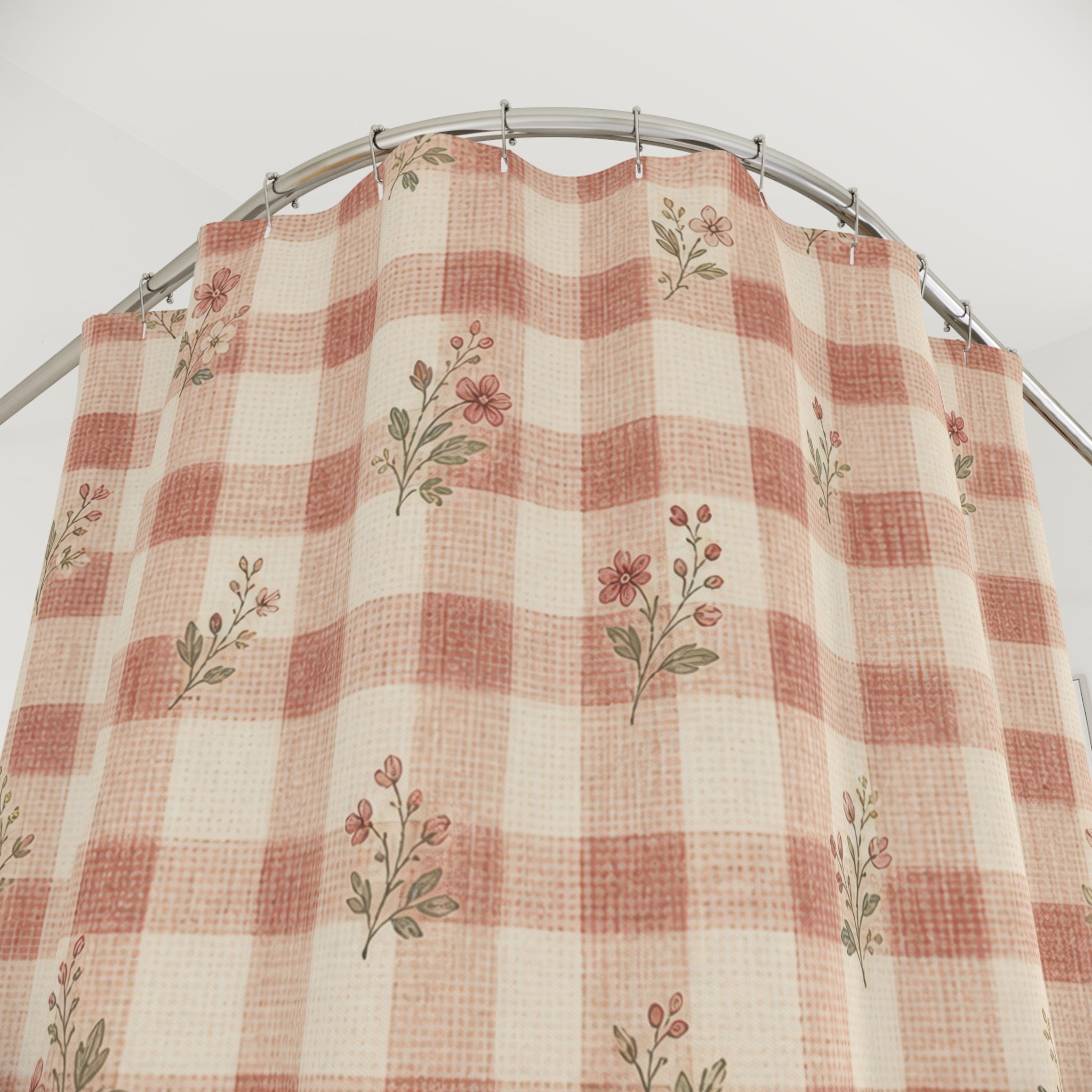 Red Gingham Floral Country Shower Curtain