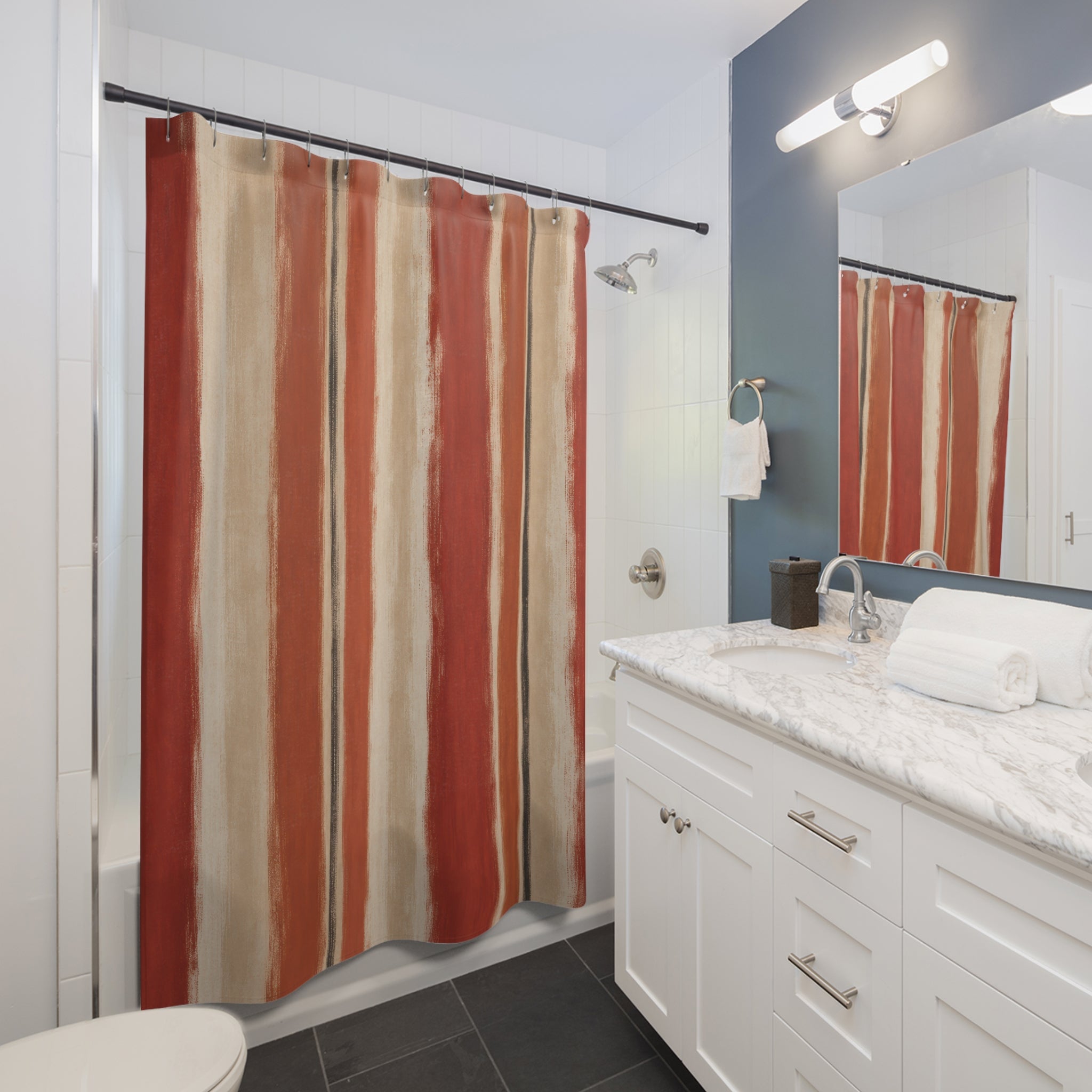 Rust Dry Brush Stripe Shower Curtain, Rust Red Classic Bathroom Decor, Modern Stripe Bath Curtain, Guest Bath Decor, Small Bathroom Decor