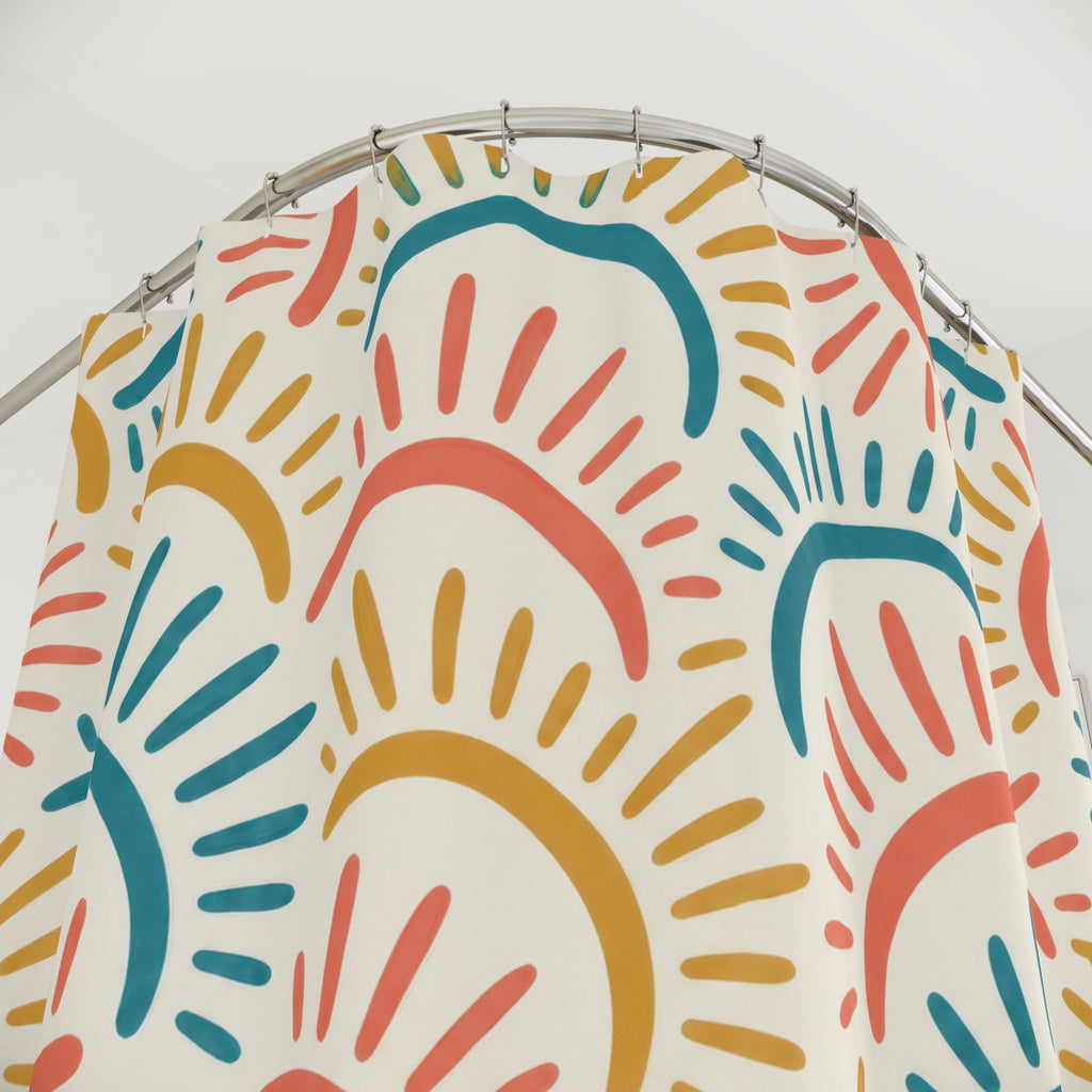 Coral, teal and ochre sun arcs with rays on ivory shower curtain with close-up print, hooks, and folds
