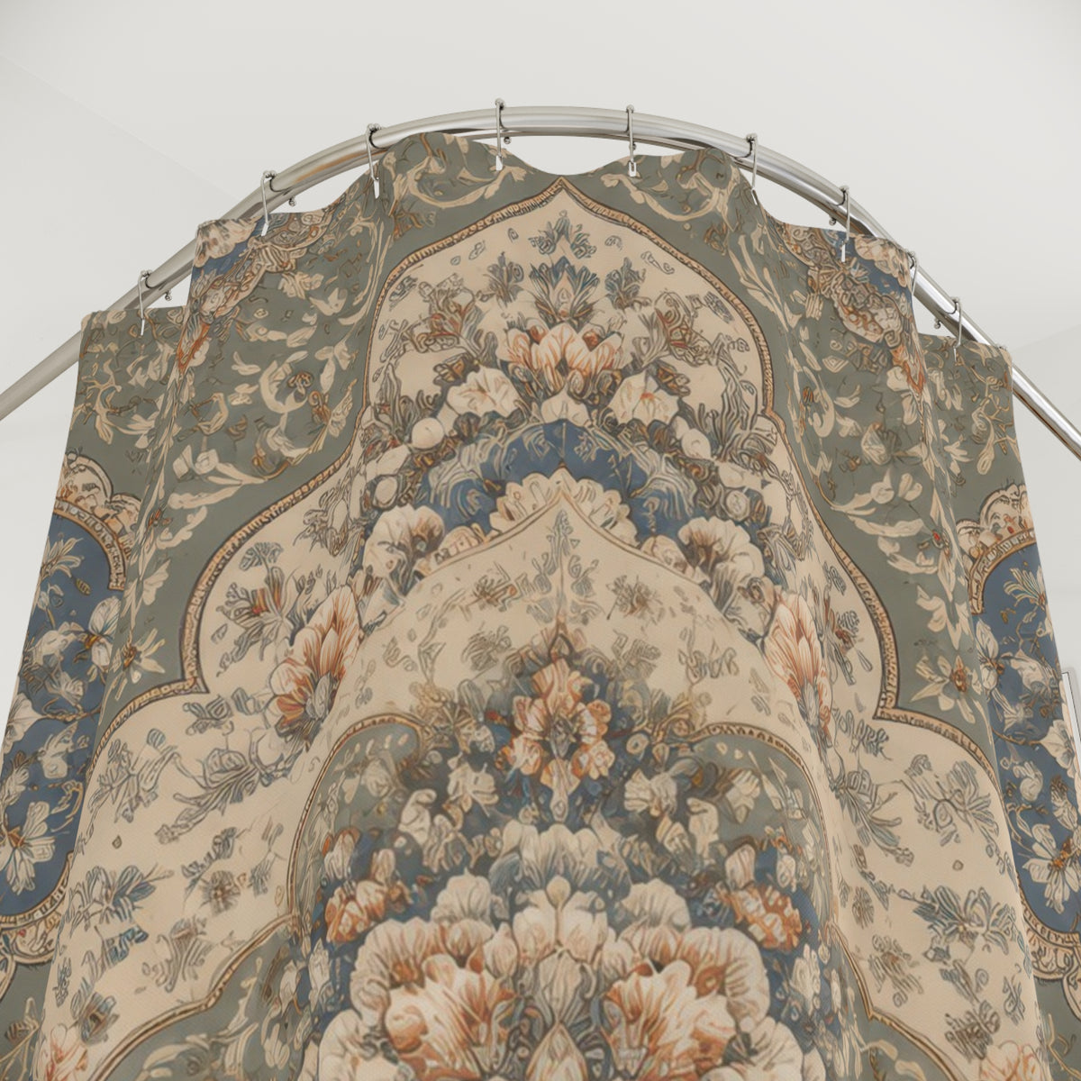 Vintage floral medallions in dusty blue sage and beige shower curtain with close-up print, hooks, and folds