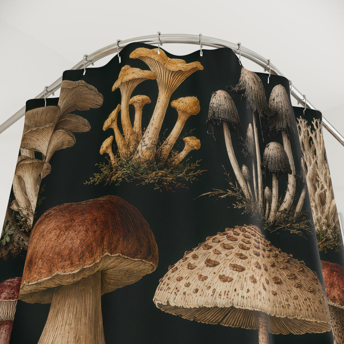 Vintage mushroom specimens on deep green shower curtain with close-up print, hooks, and folds