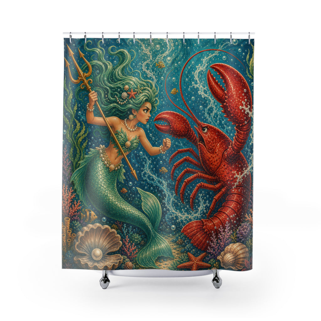 Unique Funny Mermaid Shower Curtain, Lobster Battle Underwater Fantasy Art, Teal Ocean Nautical Bathroom Decor, Coastal Guest Bath Gift