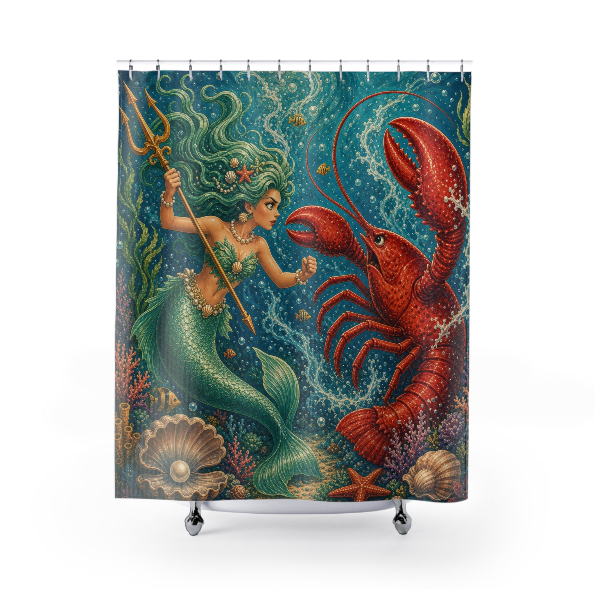 Unique Funny Mermaid Shower Curtain, Lobster Battle Underwater Fantasy Art, Teal Ocean Nautical Bathroom Decor, Coastal Guest Bath Gift