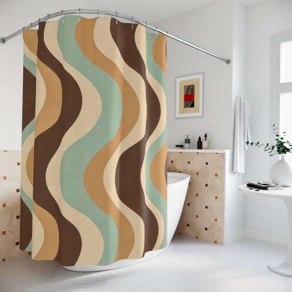 Retro Shower Curtain, Brown Teal Wavy Stripe Pattern, 70s Earth Tone Bathroom Decor, Groovy Guest Bath Wall Gift Idea For Home Style