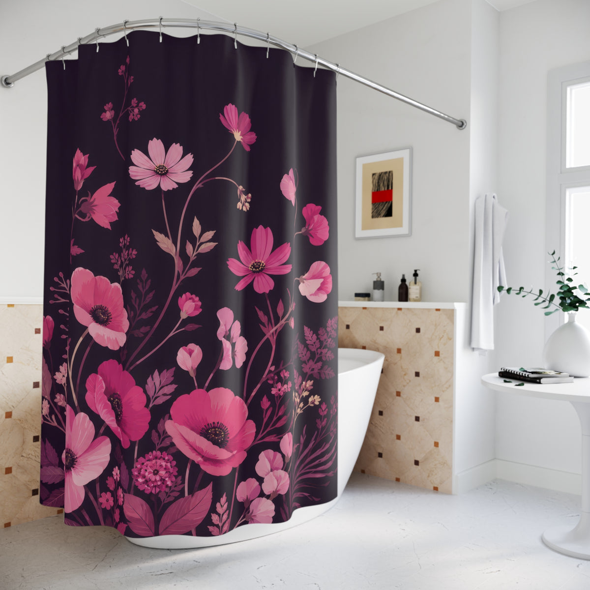 Art Deco pink fan flowers in geometric repeat shower curtain beside a freestanding tub