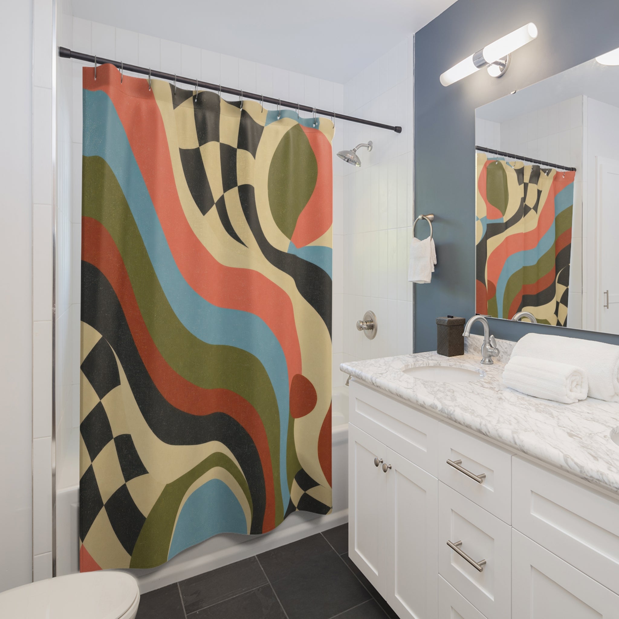 Modern Retro Shower Curtain: Colorful Wavy Checkerboard