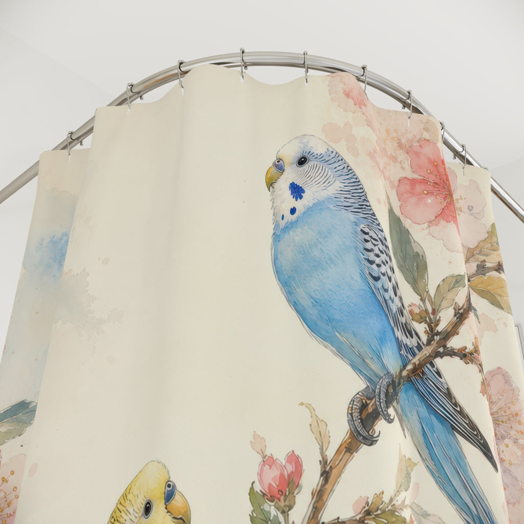 Watercolor Parakeet Pair shower curtain with close-up print, hooks, and folds