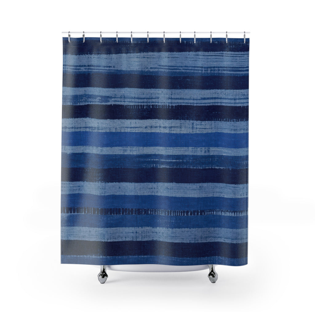 Navy Denim Horizontal Brush Stripe Shower Curtain