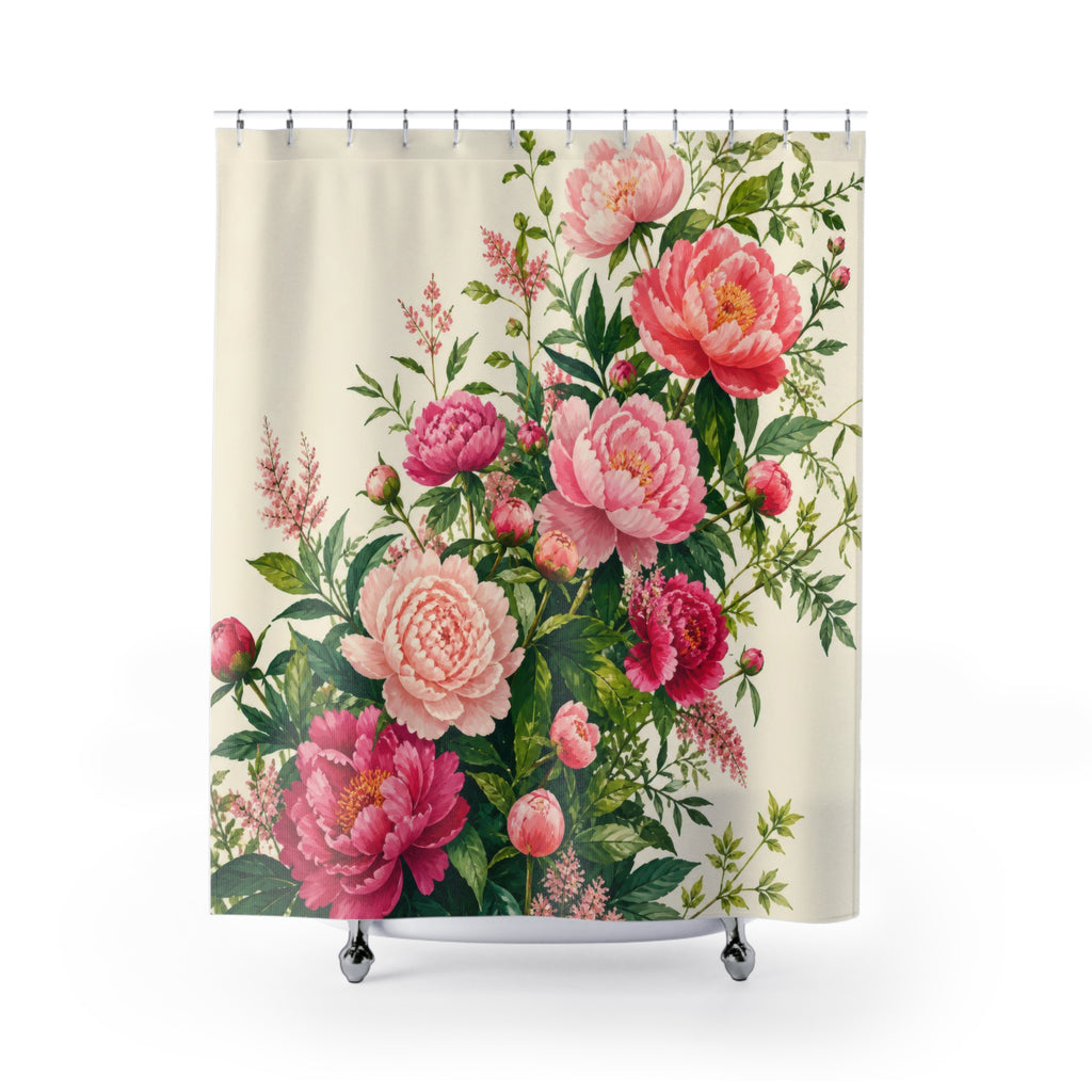 Green and pink peony garden garland shower curtain with full front view
