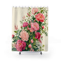 Green and pink peony garden garland shower curtain with full front view
