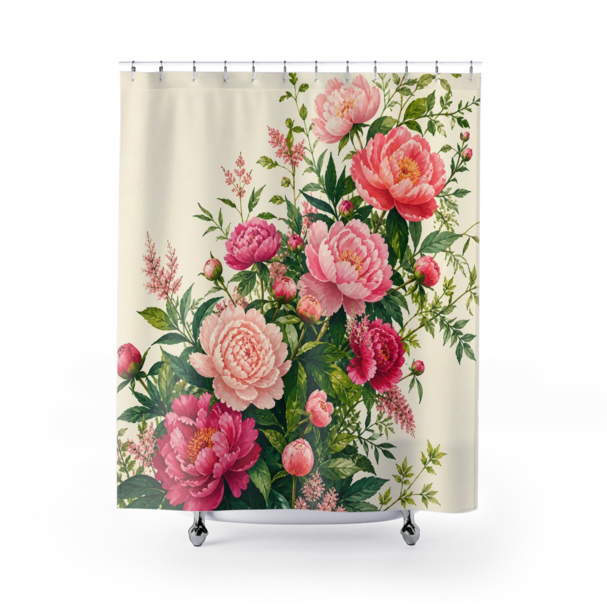 Green and pink peony garden garland shower curtain with full front view