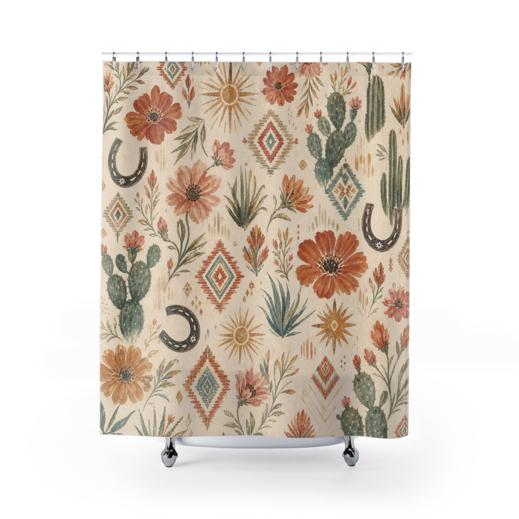 Painterly Western Boho Shower Curtain, Desert Floral Bath Decor, Terracotta Turquoise Sunburst Pattern, Rustic Guest Bathroom Decor