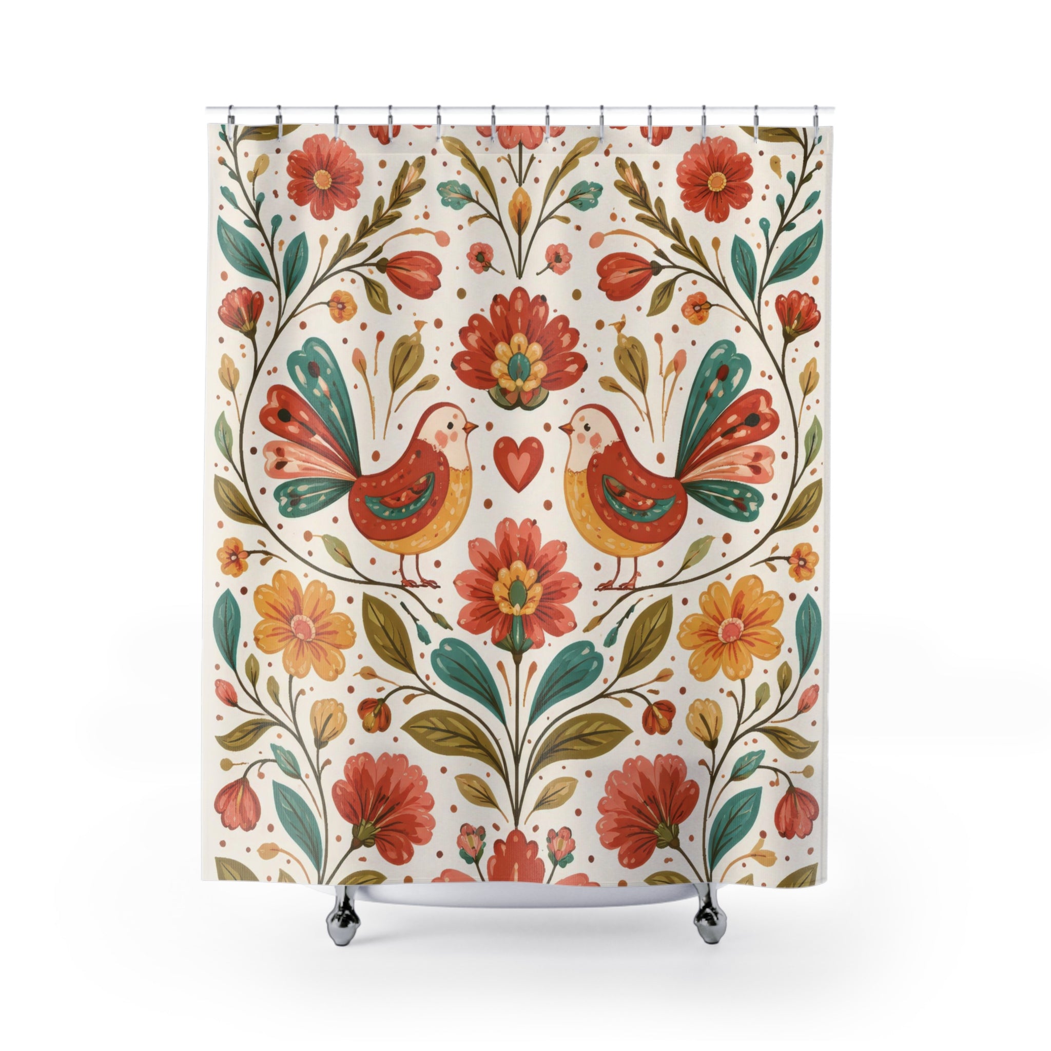 Folk Art Bird Shower Curtain – Teal and Terracotta