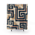 Navy rust and cream Southwestern fretwork geometric pattern shower curtain with full front view