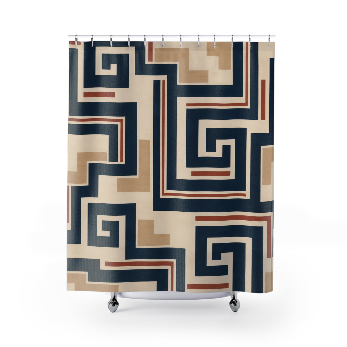 Navy rust and cream Southwestern fretwork geometric pattern shower curtain with full front view