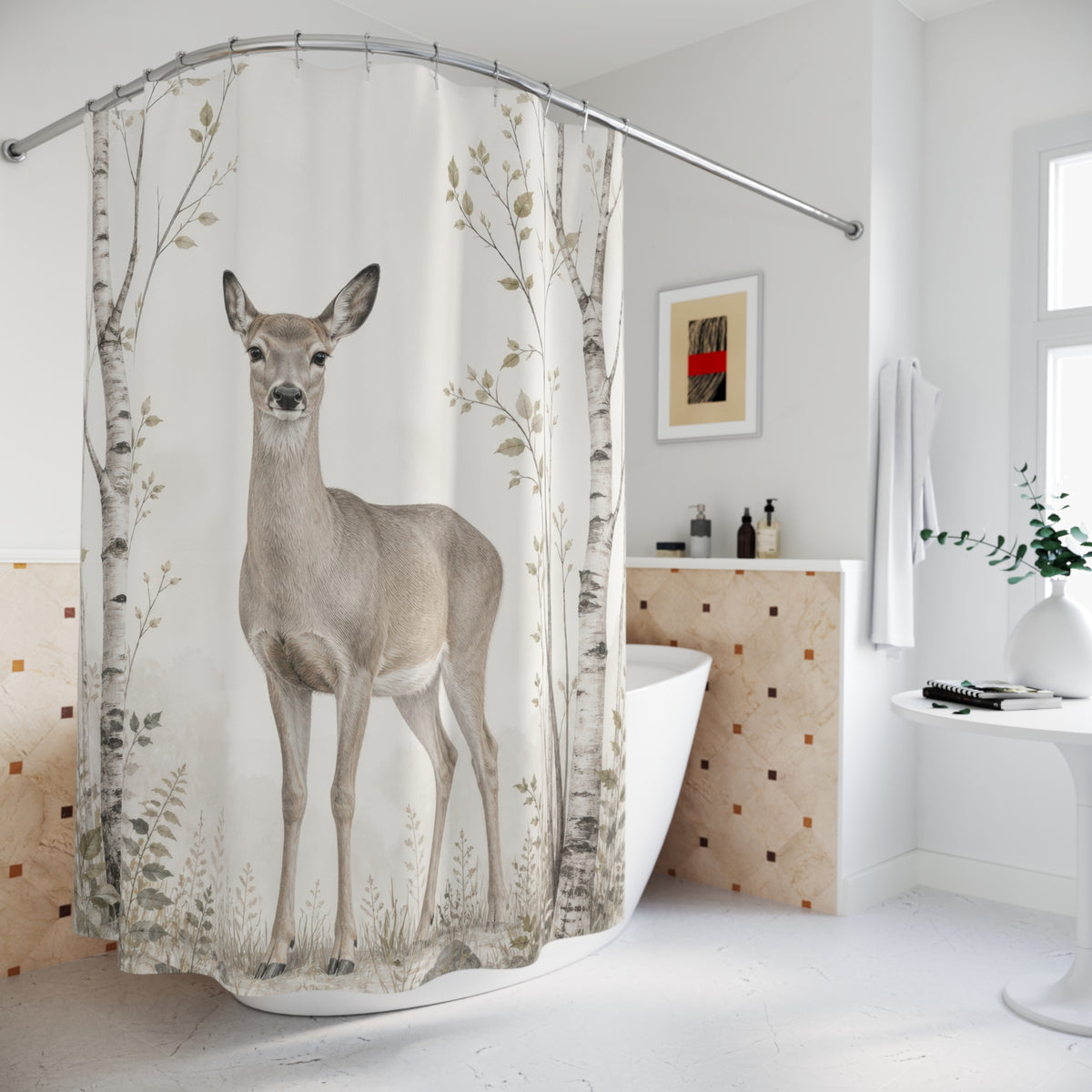 Graceful doe framed by airy birch saplings shower curtain beside a freestanding tub