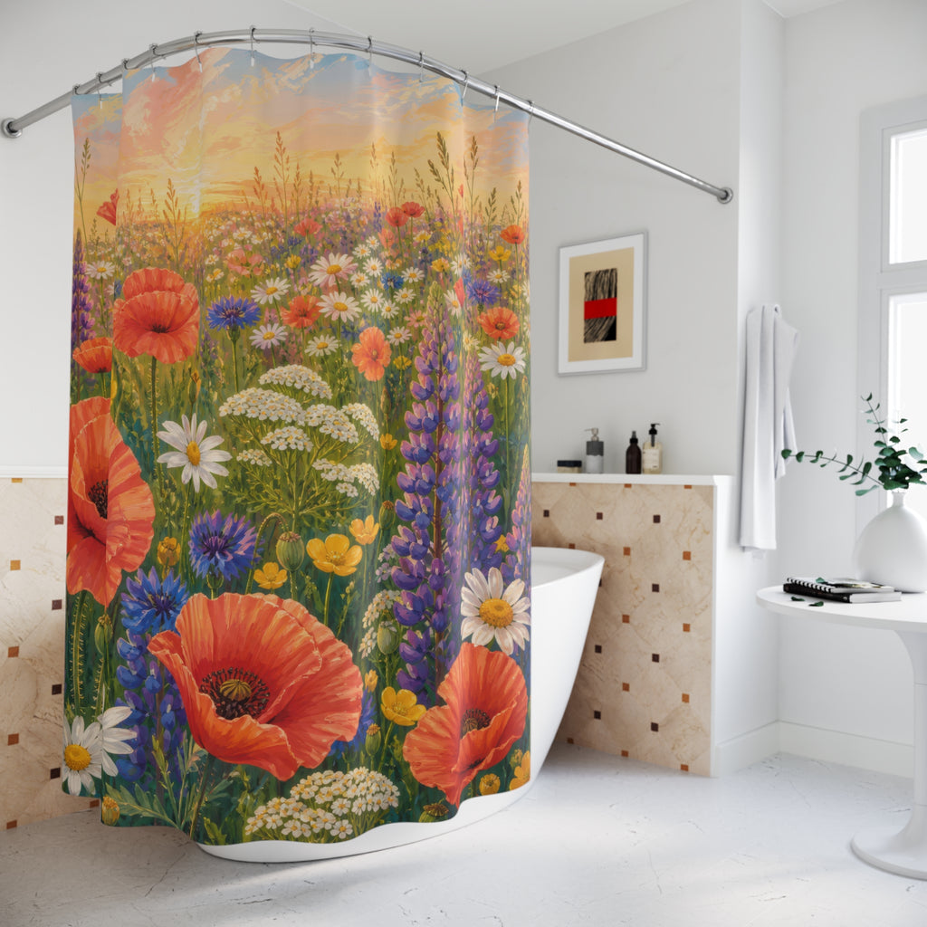 Sunset wild flower meadow with poppies lupines and daisies shower curtain beside a freestanding tub