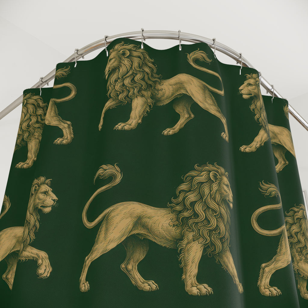 Ochre heraldic lions on forest green shower curtain with close-up print, hooks, and folds