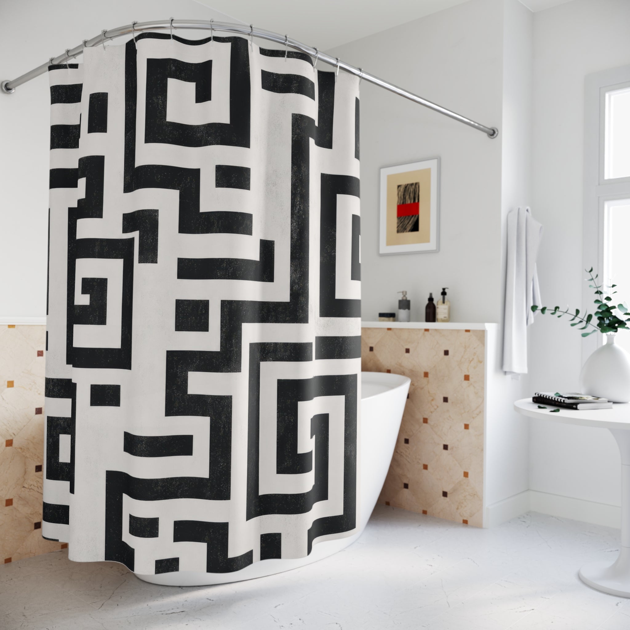 Black White Geometric Maze Shower Curtain