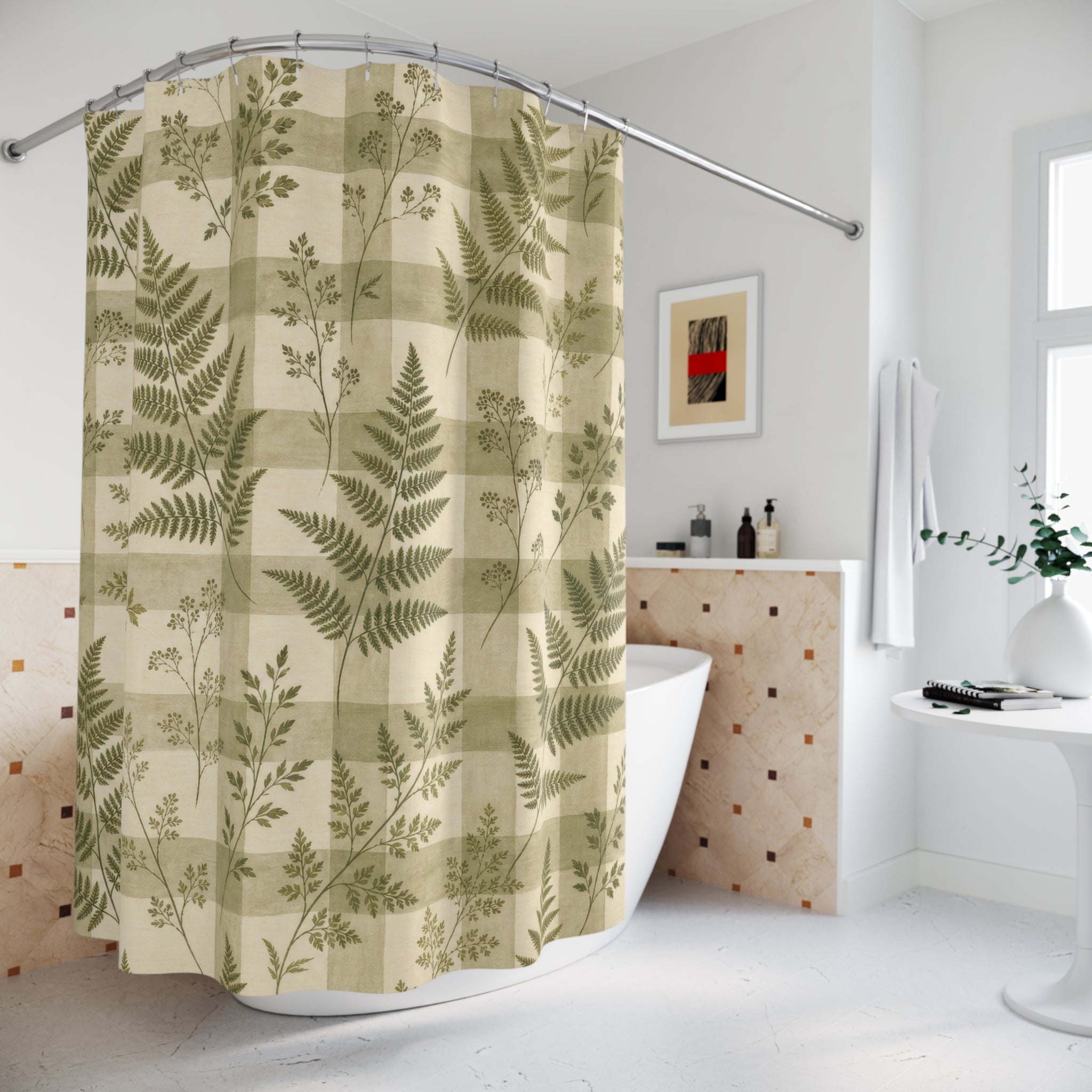 Green Fern Leaf Check Shower Curtain