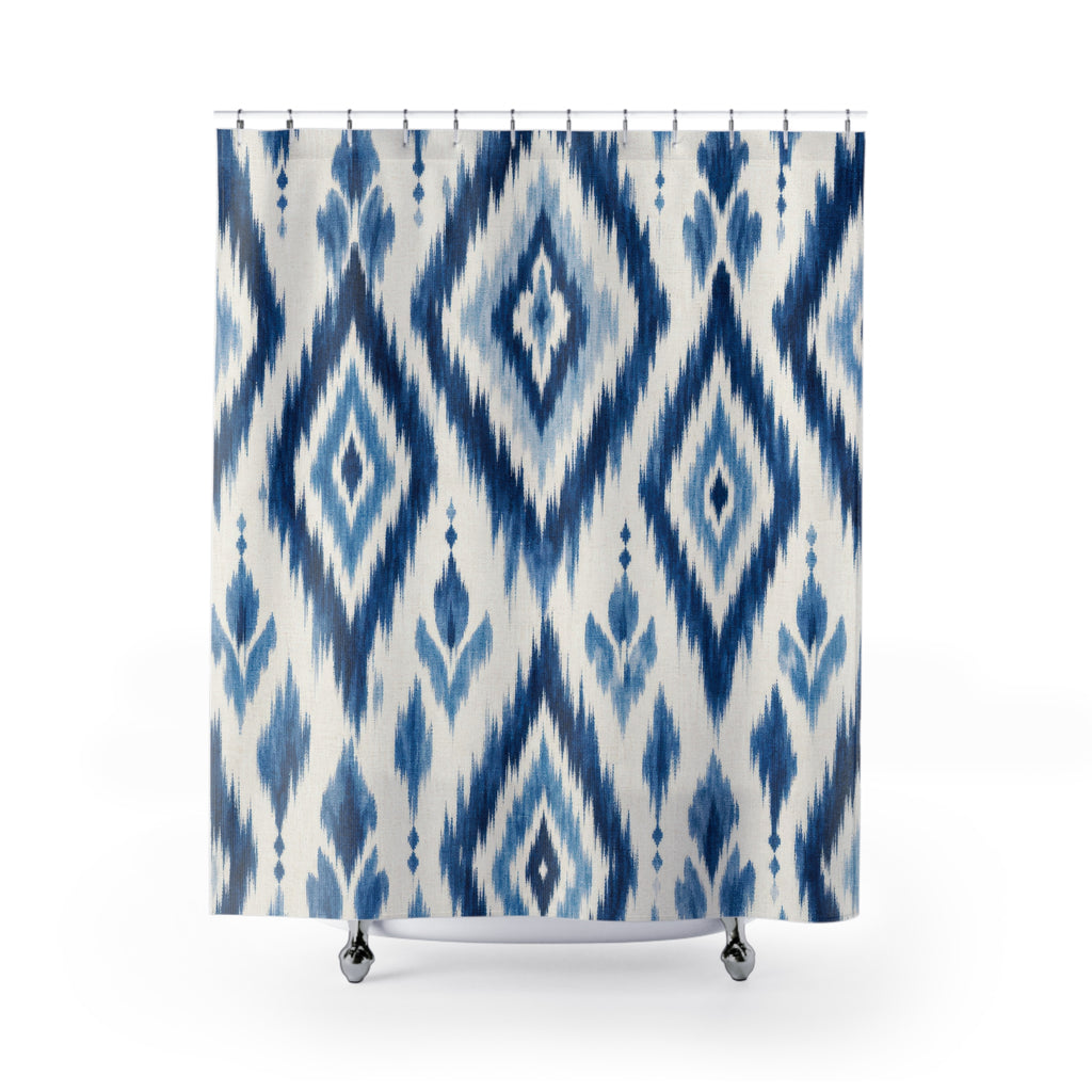 Blue Ikat Diamond Shower Curtain, Indigo Blue Bohemian Bathroom Decor, Ikat Stripe Bath Curtain, Guest Bath Decor, Small Bathroom Decor