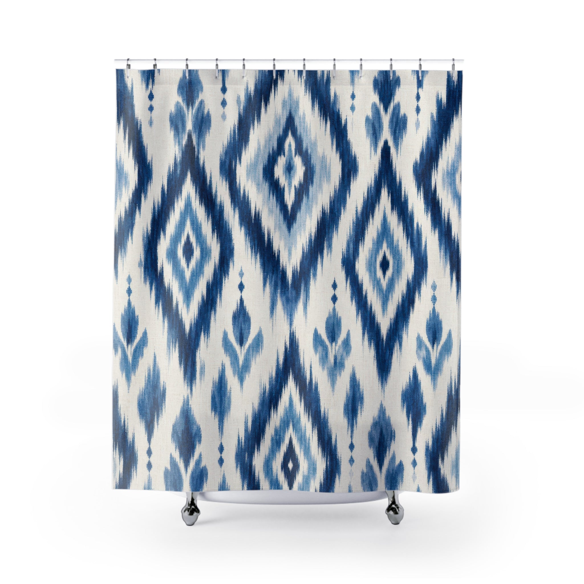 Blue Ikat Diamond Shower Curtain, Indigo Blue Bohemian Bathroom Decor, Ikat Stripe Bath Curtain, Guest Bath Decor, Small Bathroom Decor