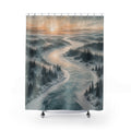 Frozen river through snowy pines at winter sunrise shower curtain with full front view