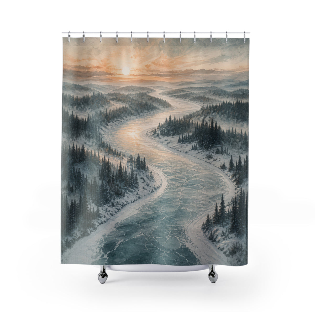 Frozen river through snowy pines at winter sunrise shower curtain with full front view