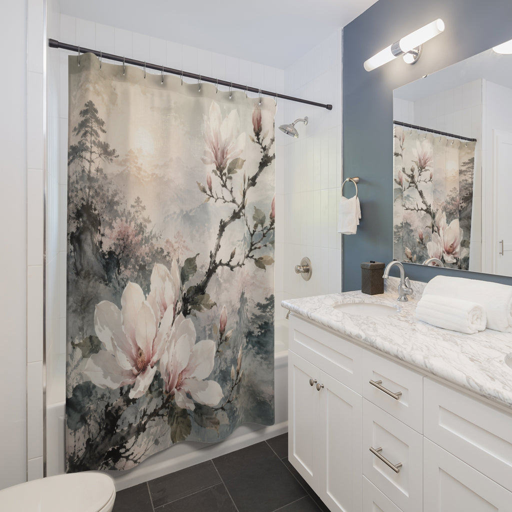 Blush magnolia branch in a misty watercolor garden shower curtain beside a white vanity