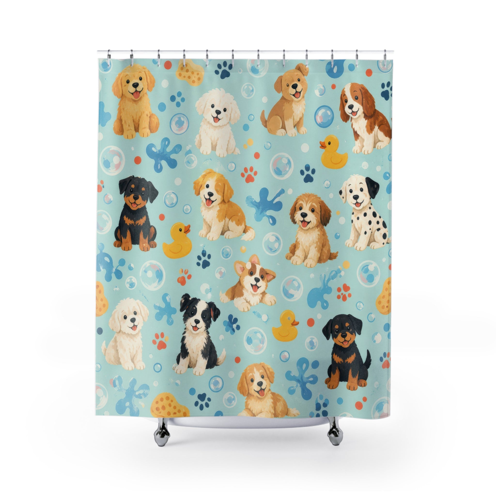 Kids Dog Shower Curtain, Cute Puppy Paw Print Pattern, Blue Pet Bathroom Decor, Playful Kids Wall Decor Guest Bath Gift For Dog Lovers