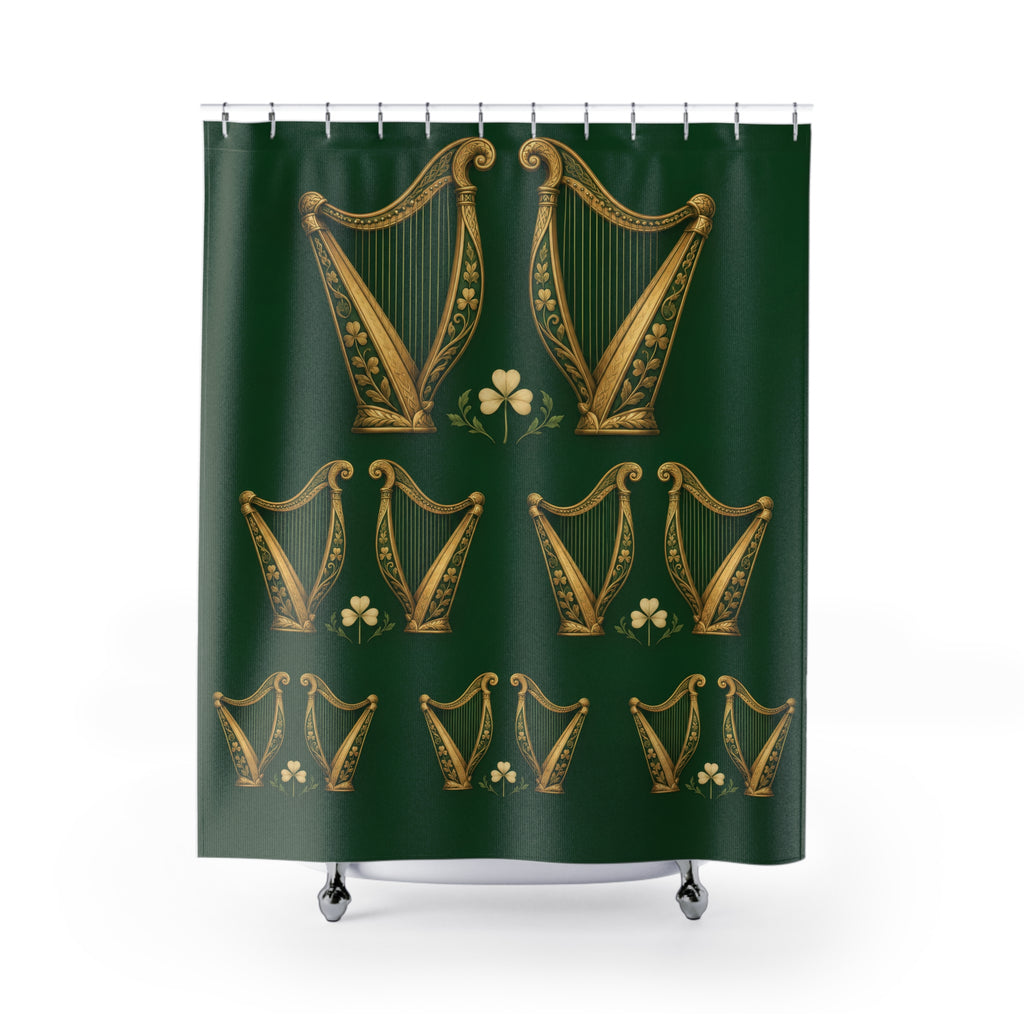 Gold-tone Irish harps and cream shamrocks on green shower curtain with full front view