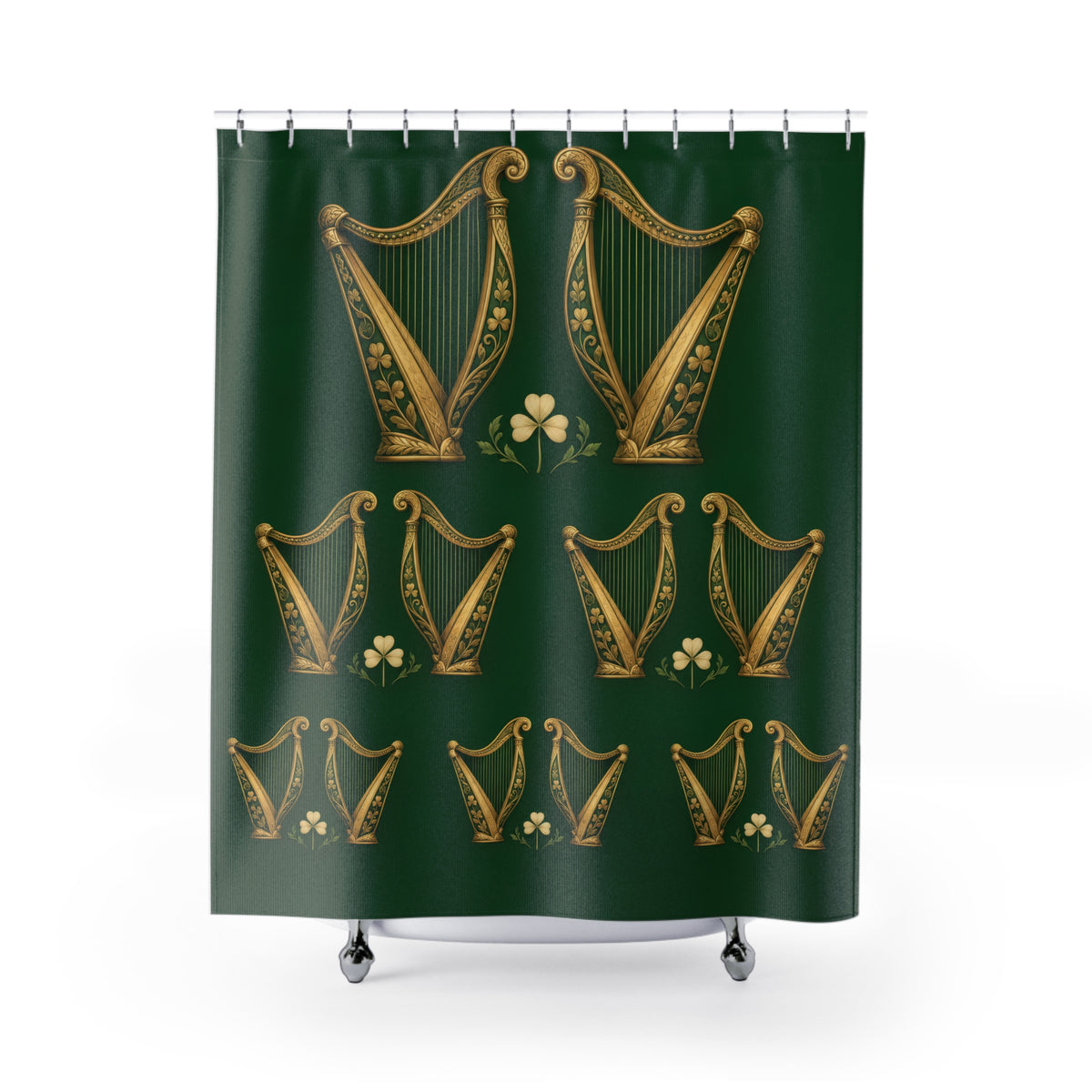 Gold-tone Irish harps and cream shamrocks on green shower curtain with full front view