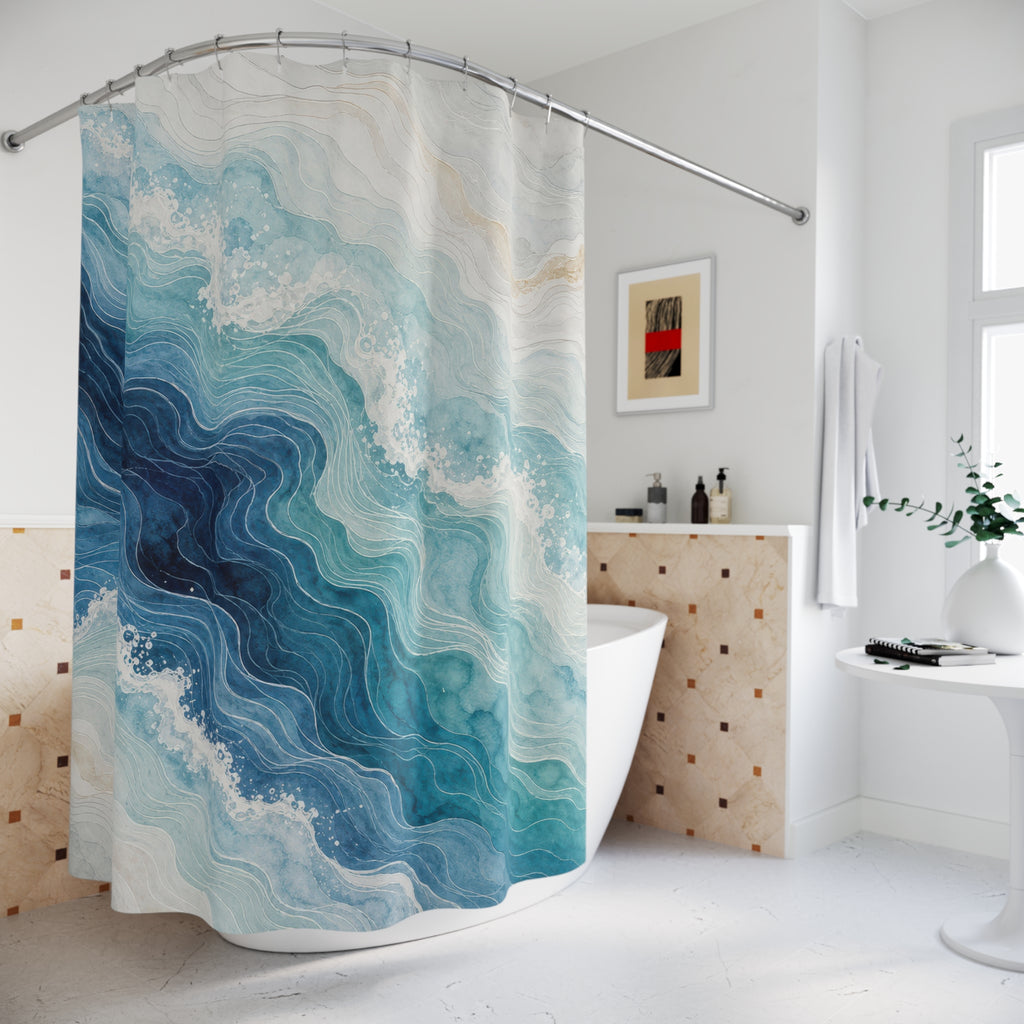 Blue Wave Watercolor Abstract Shower Curtain
