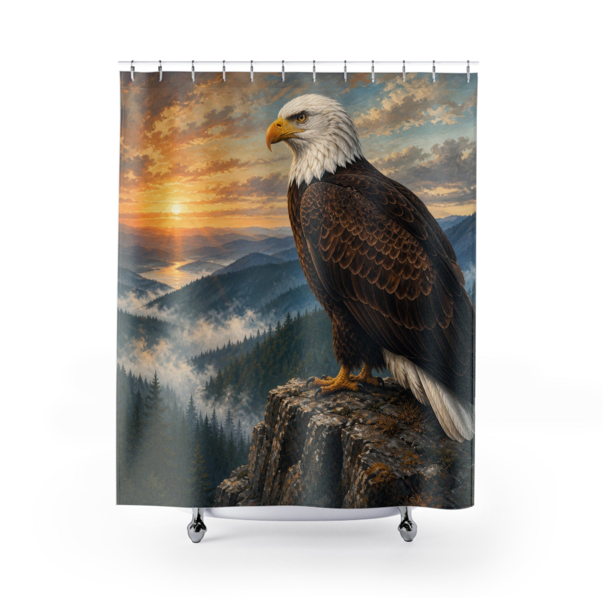 Bald eagle standing on a mountain cliff at sunrise shower curtain with full front view