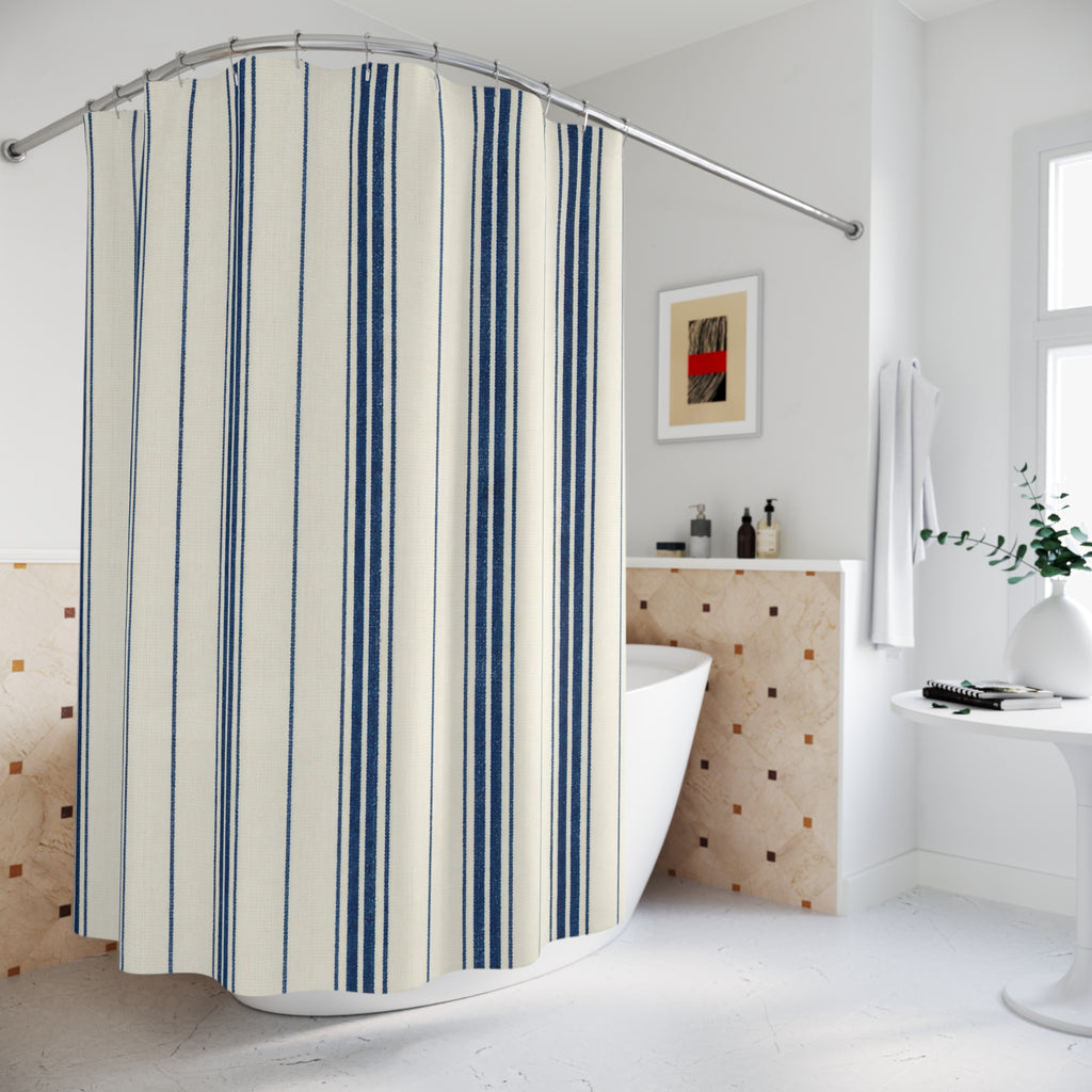Navy Pinstripe Shower Curtain, Navy White Classic Bathroom Decor, Crisp Stripe Bath Curtain, Guest Bathroom Decor, Small Bathroom Decor