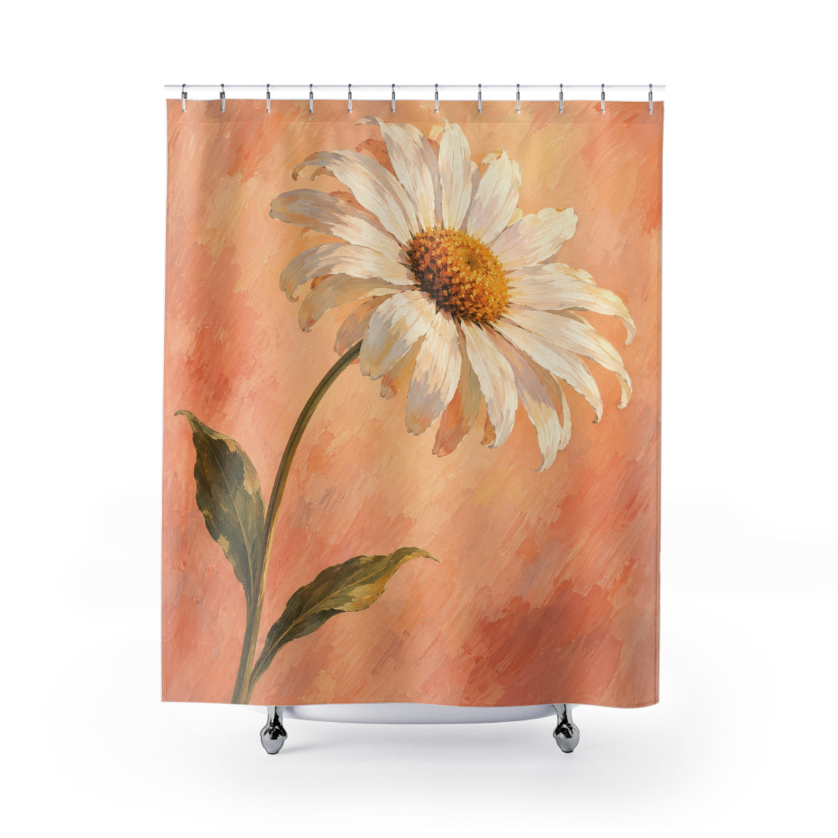 Peach field with one ivory daisy shower curtain with full front view