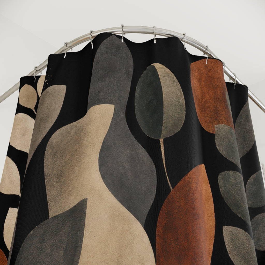 Black Botanical Shower Curtain, Rust Brown Leaf Bath Decor, Cream Taupe Modern Pattern, Earth Tone Bathroom Decor, Organic Abstract