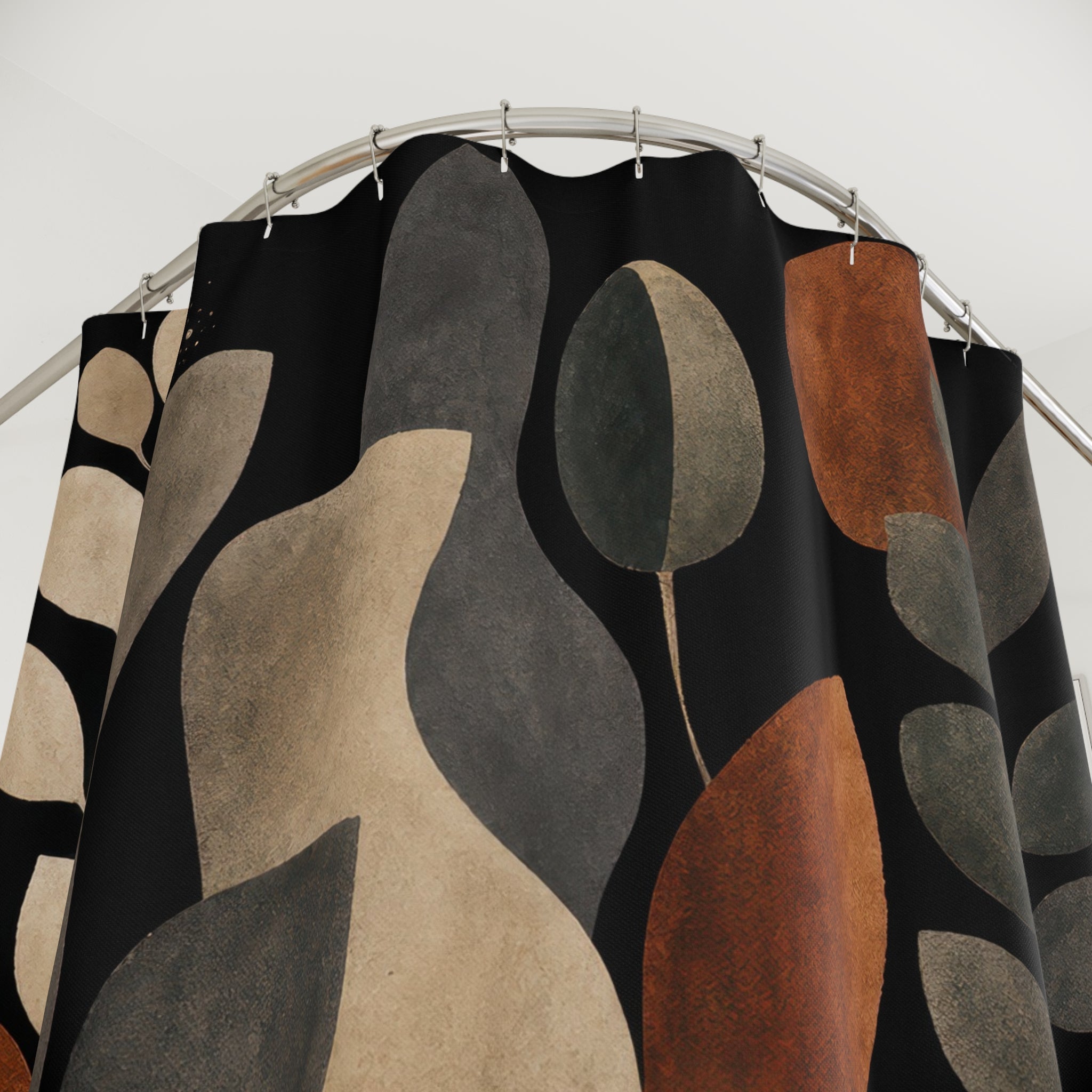 Black Botanical Shower Curtain, Rust Brown Leaf Bath Decor, Cream Taupe Modern Pattern, Earth Tone Bathroom Decor, Organic Abstract