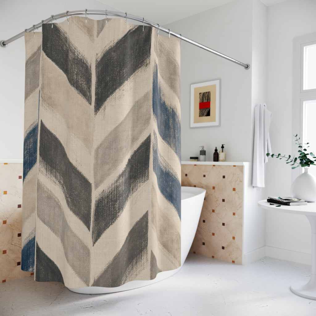 Herringbone Shower Curtain, Beige Charcoal Blue Chevron Pattern, Modern Farmhouse Bathroom Decor, Neutral Guest Bath Style