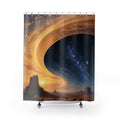 Golden cosmic portal above desert mesas shower curtain with full front view