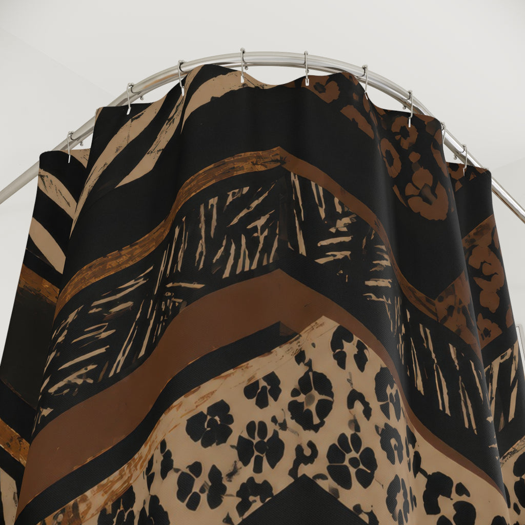 Black and saddle animal prints in layered chevrons shower curtain with close-up print, hooks, and folds