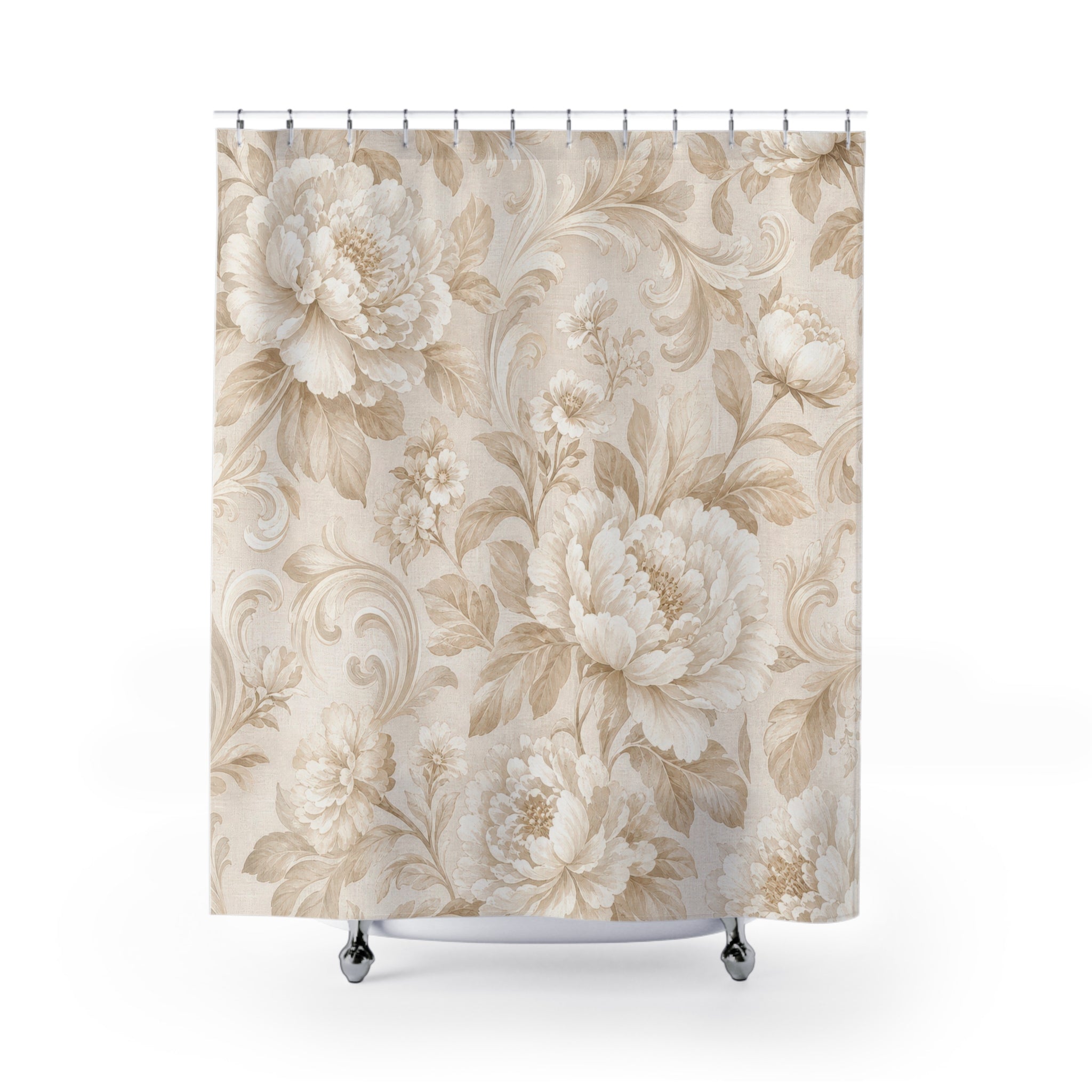 Beige and White Shower Curtain: Cream Floral Botanical Pattern