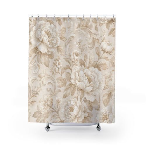 Beige and White Shower Curtain: Cream Floral Botanical Pattern