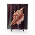 Peach conch shell with a pink opening on deep plum shower curtain with full front view