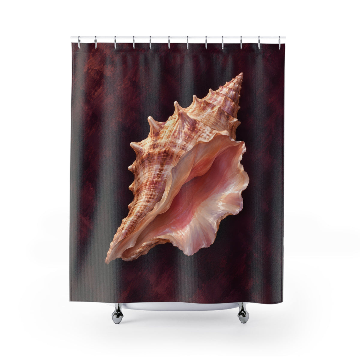 Peach conch shell with a pink opening on deep plum shower curtain with full front view